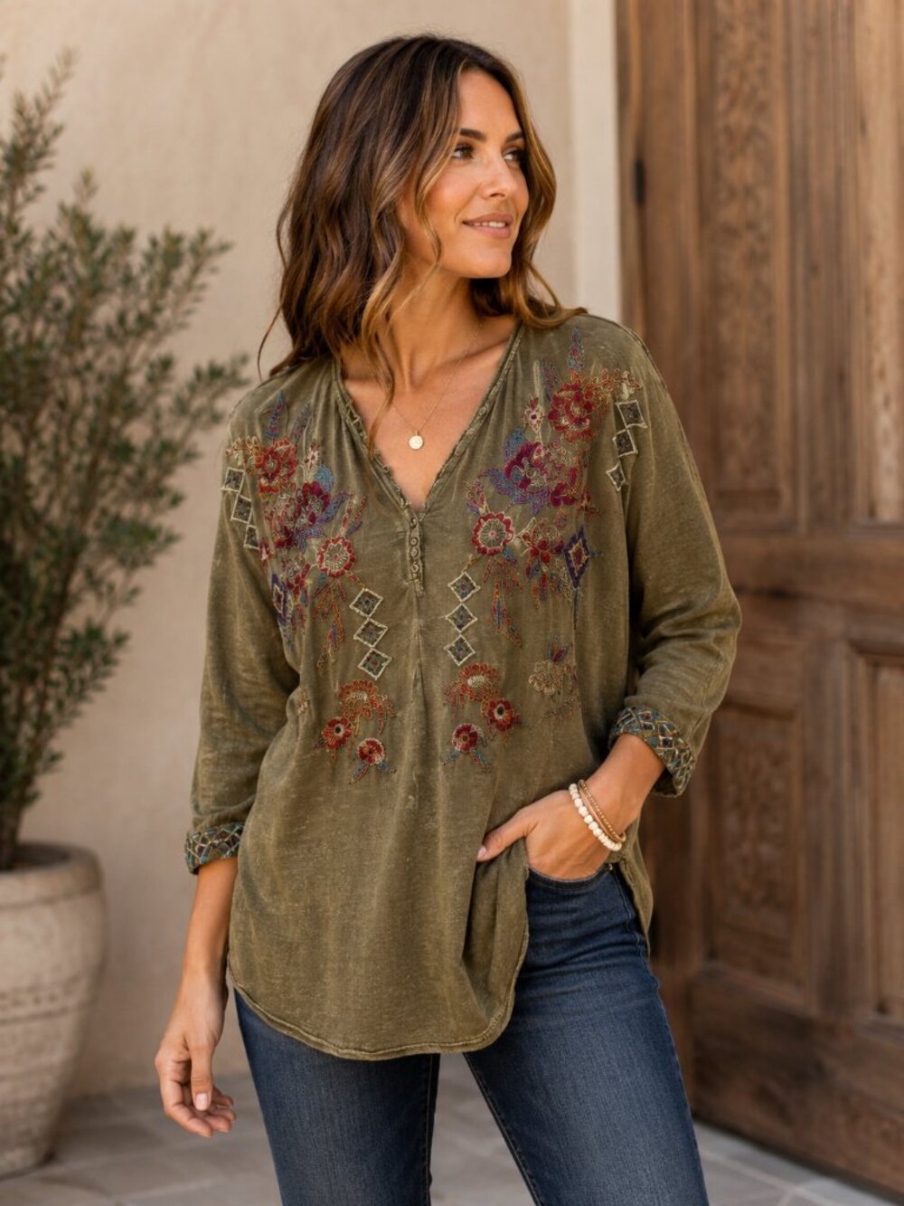 Caite Embroidered Floral Boho Tunic Top Olive Green Size Small